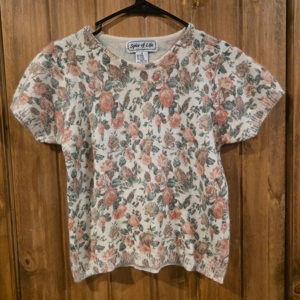 Spice of Life Floral Knit Sweater Women Medium Pink Green Excellent Angora Blend